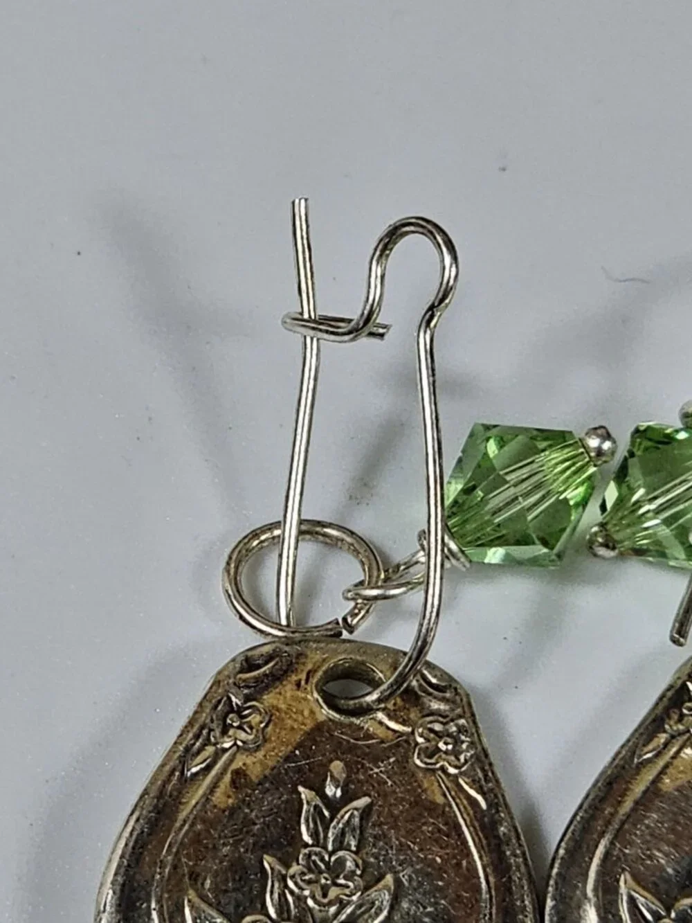 Silver Floral Spoon Handle Earrings with Green Crystal Beads Dangle Drop VTG - Picture 5 of 8